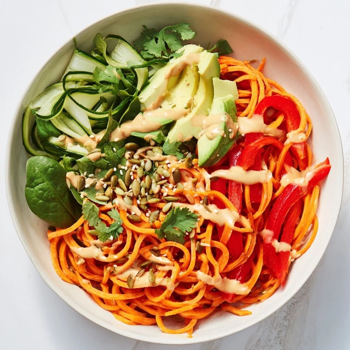 Enjoy a refreshing Carrot Noodle Skincare Bowl filled with spiralized carrots, a vegan delight, ready to eat.