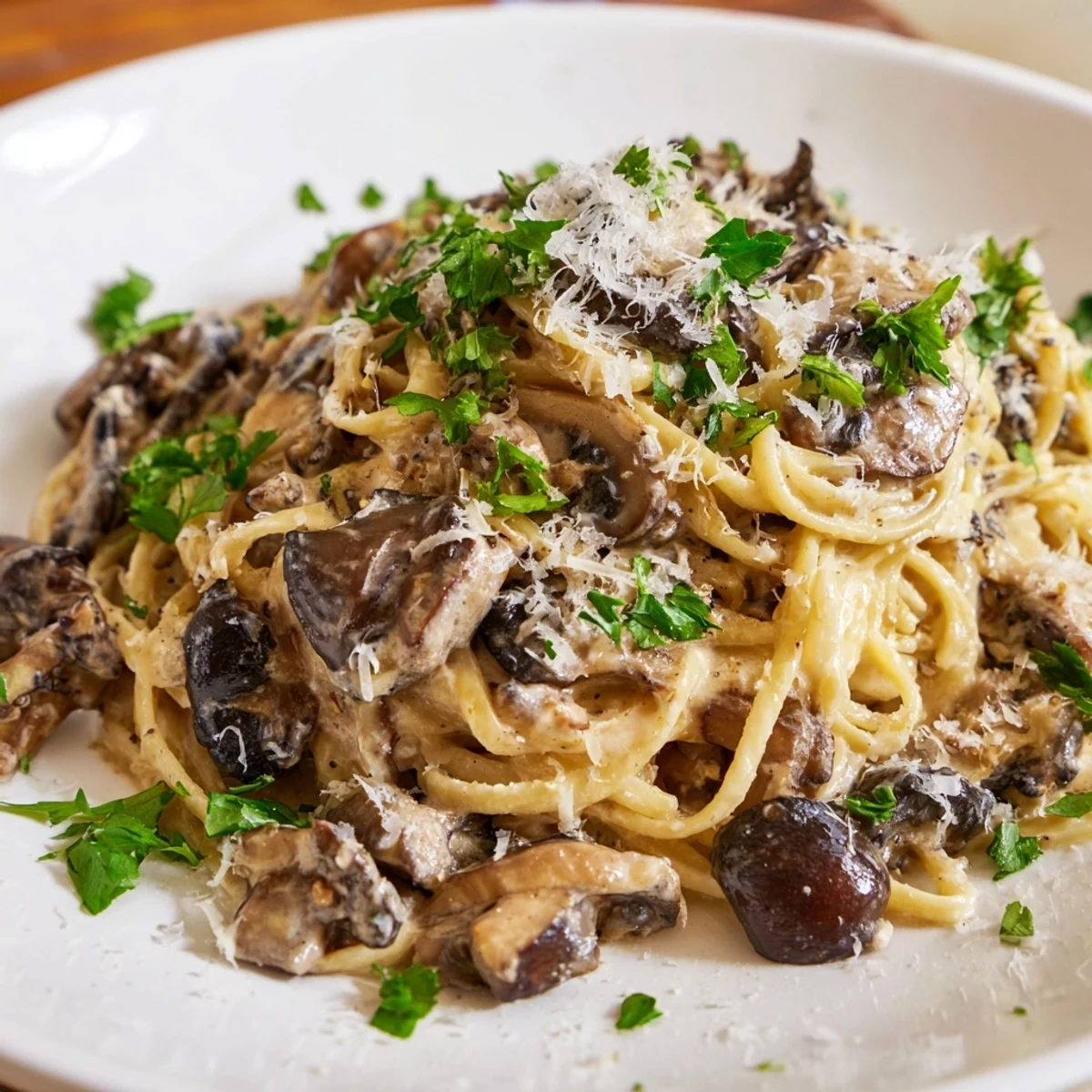 Savory Creamy Mushroom Linguine, ready in under 30 minutes, featuring parmesan and fresh parsley.