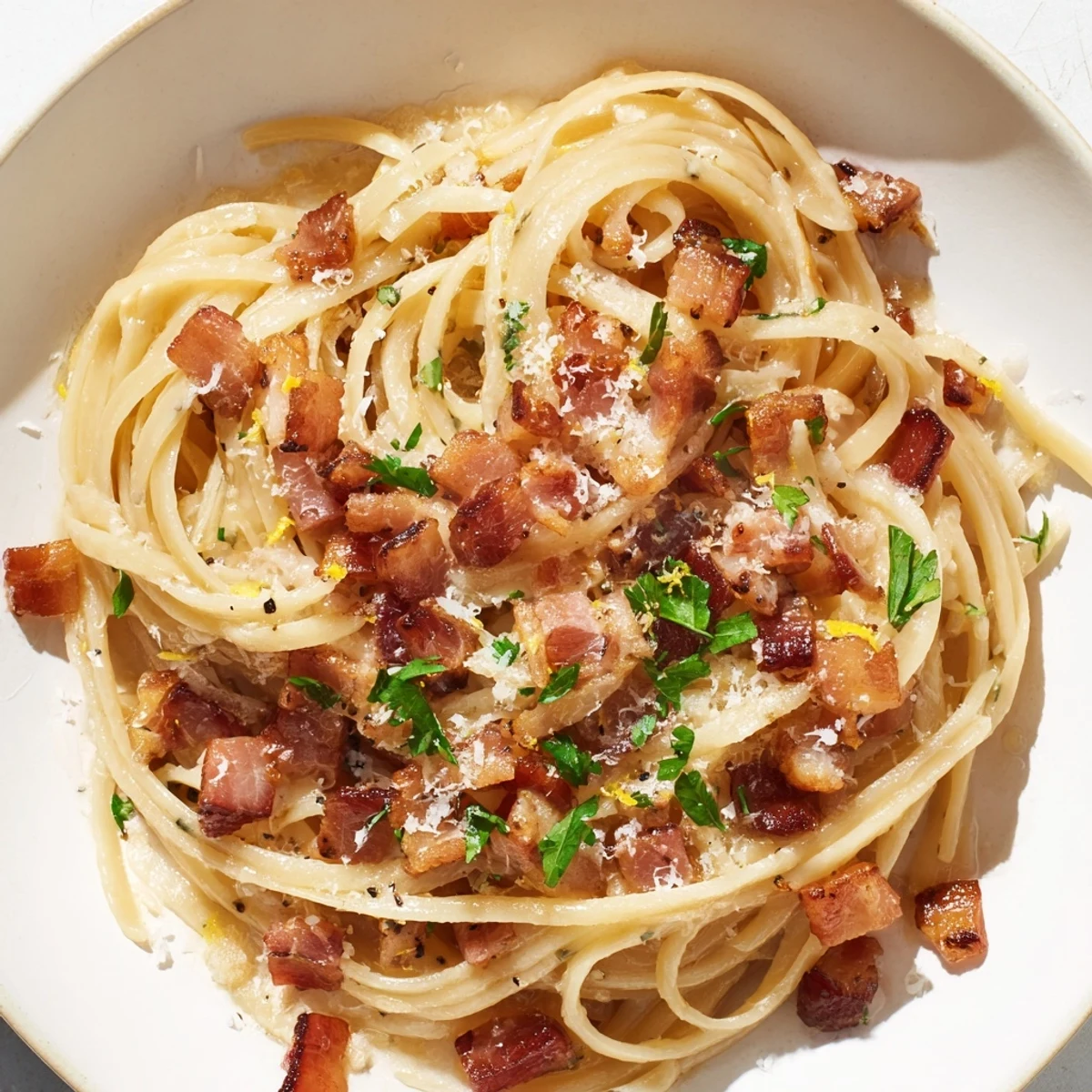 Enjoy the richness of Crispy Bacon Linguine, with crispy bacon, garlic, and freshly grated Parmesan cheese.