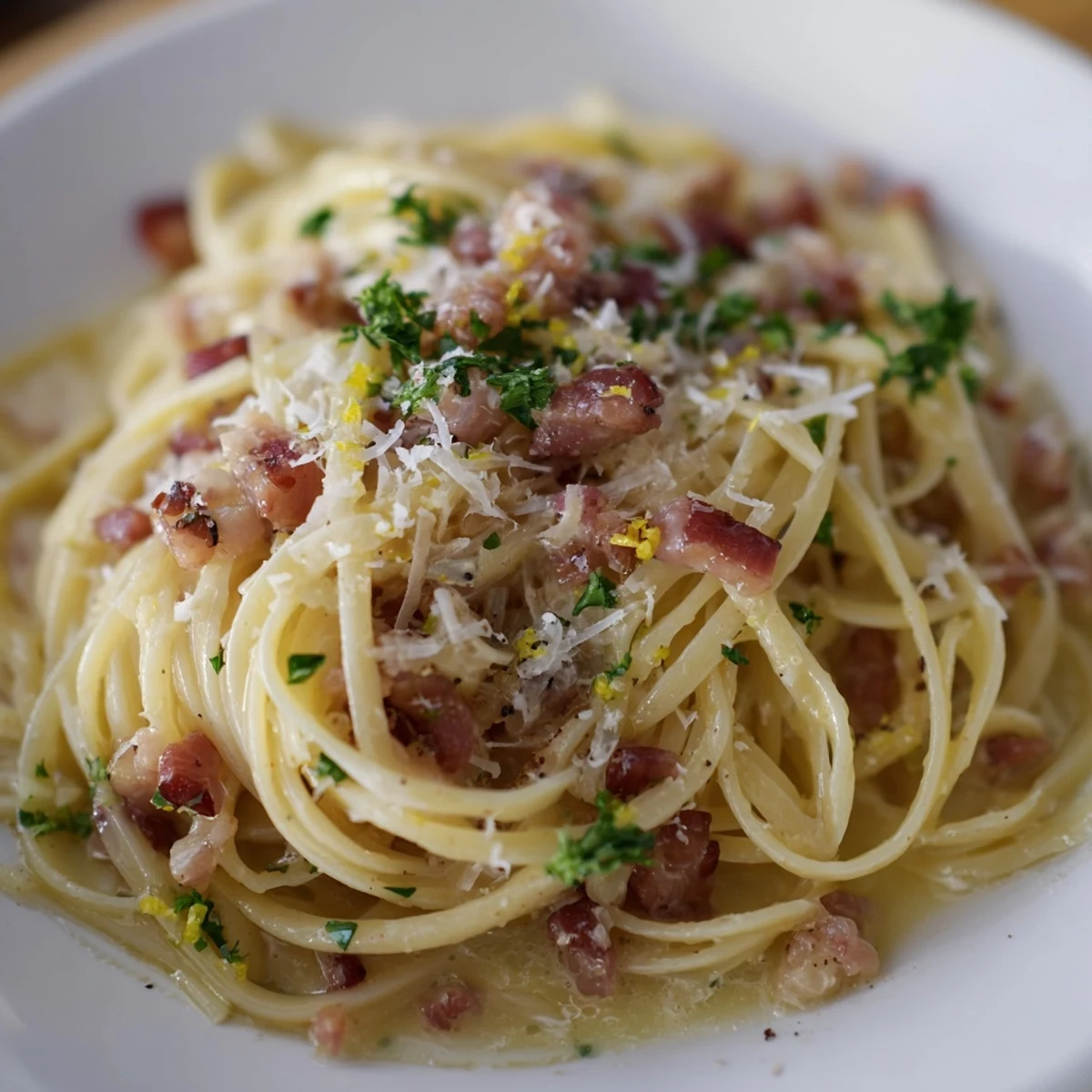 This satisfying Crispy Bacon Linguine features perfectly tossed pasta with a creamy, bacon-infused sauce.