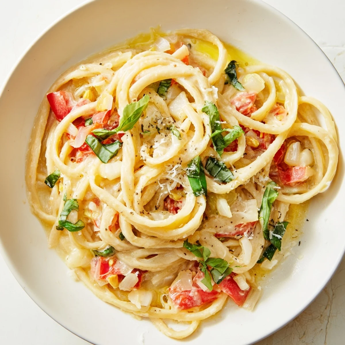 A close-up of finished, silky Roasted Garlic Pasta Sauce, a vegetarian Italian comfort food.