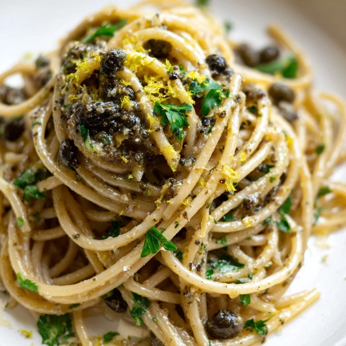 Close-up photo of olive tapenade pasta: a flavorful blend of olives, capers, and garlic, delicious!