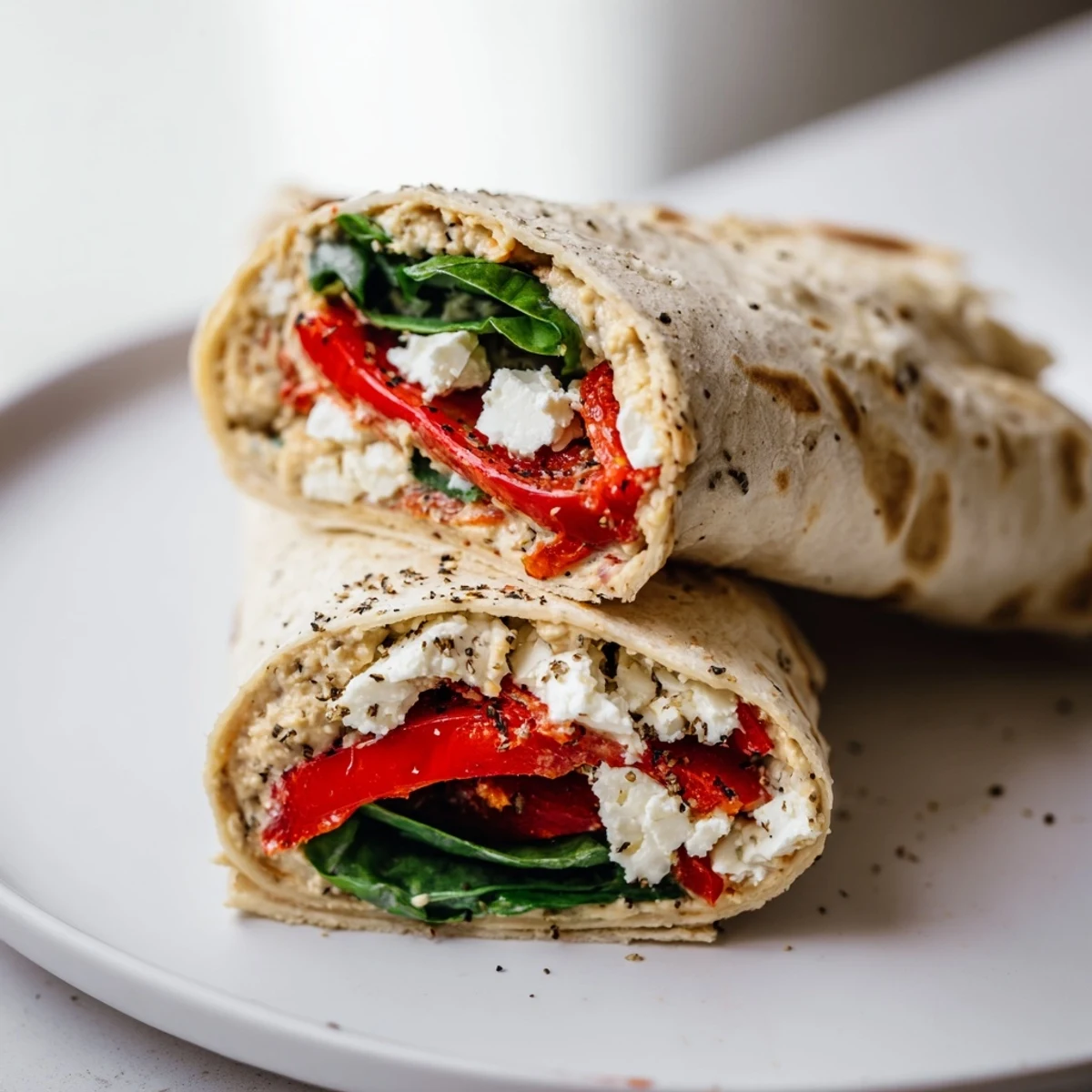 Colorful Mediterranean Veggie Wrap sliced diagonally, showcasing layers of hummus, vibrant vegetables, and crumbled feta on a platter.