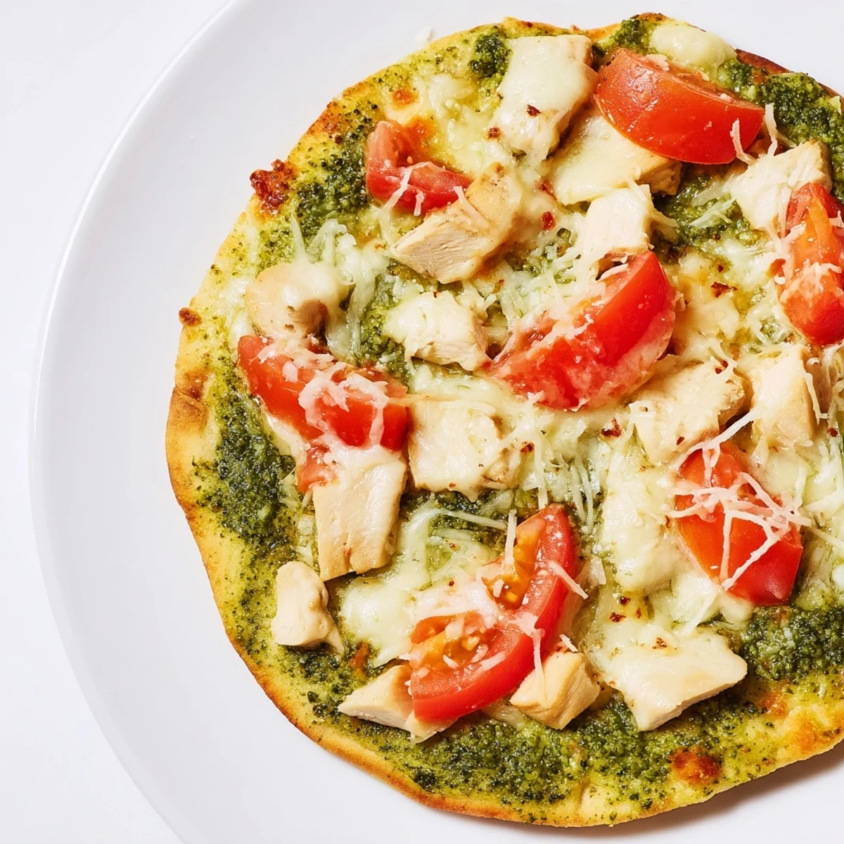 Fresh basil leaves and grated Parmesan garnish a cheesy Chicken Pesto Pizza on a wooden board.