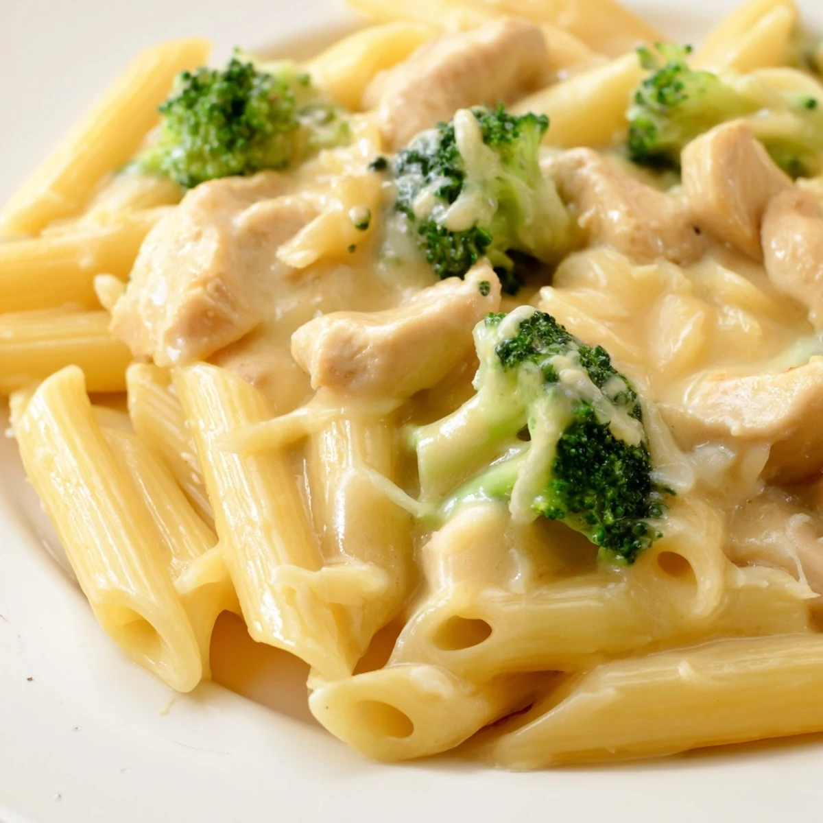 A close-up of Chicken Broccoli Cheddar Pasta garnished with extra cheese, perfect for weeknight family dinners.