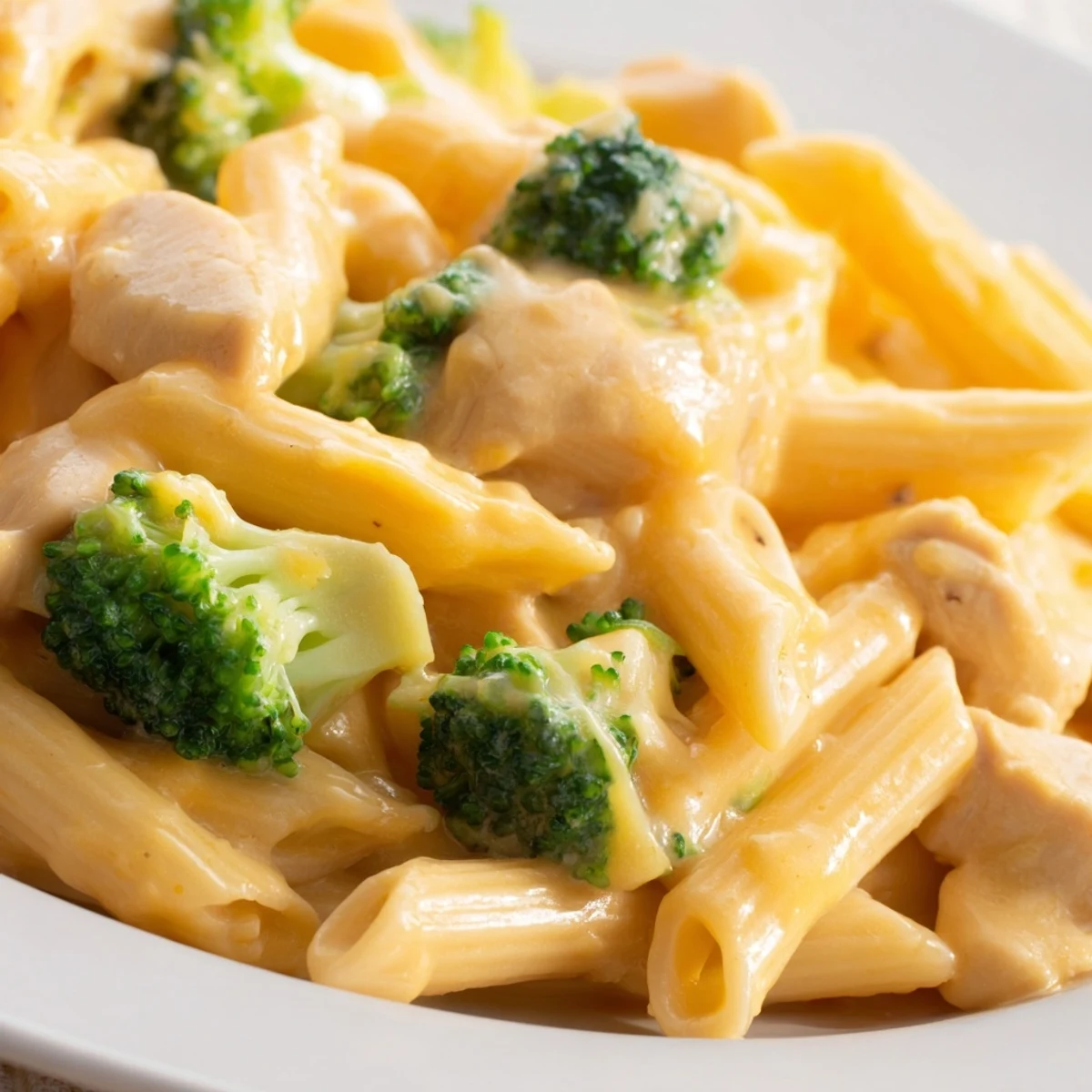 Steaming bowl of cheesy pasta with sautéed chicken and broccoli, highlighting the rich sauce and vibrant colors.
