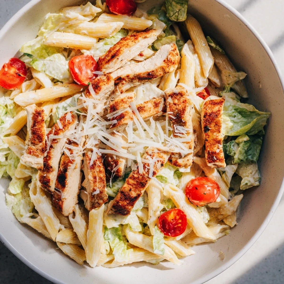 A close-up of a bowl of Spicy Chicken Caesar Pasta, showcasing grilled chicken slices, creamy dressing, and crisp romaine on penne noodles.