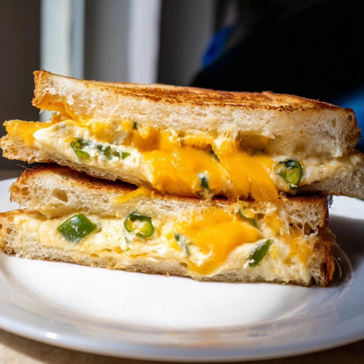 Close-up of golden-brown Jalapeño Popper Grilled Cheese slices, revealing creamy melted cheddar and vibrant green jalapeños.