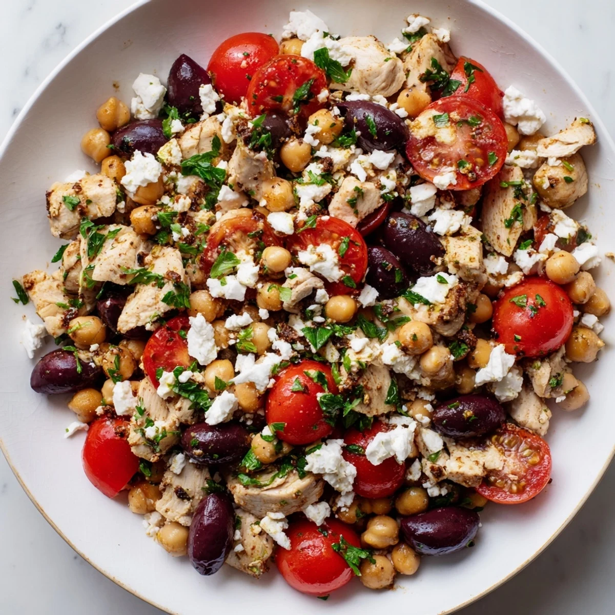 Spoon a hearty Mediterranean Chickpea Chicken Salad into a white bowl, mixing chickpeas, tender chicken, red onion, and fresh parsley with a zesty olive oil dressing.  