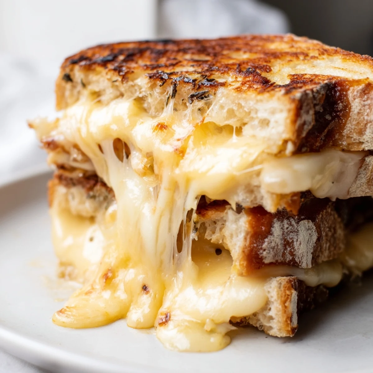Buttery Triple Cheese Sourdough Grilled Cheese cut diagonally, revealing gooey layers of sharp cheddar and provolone melting together.