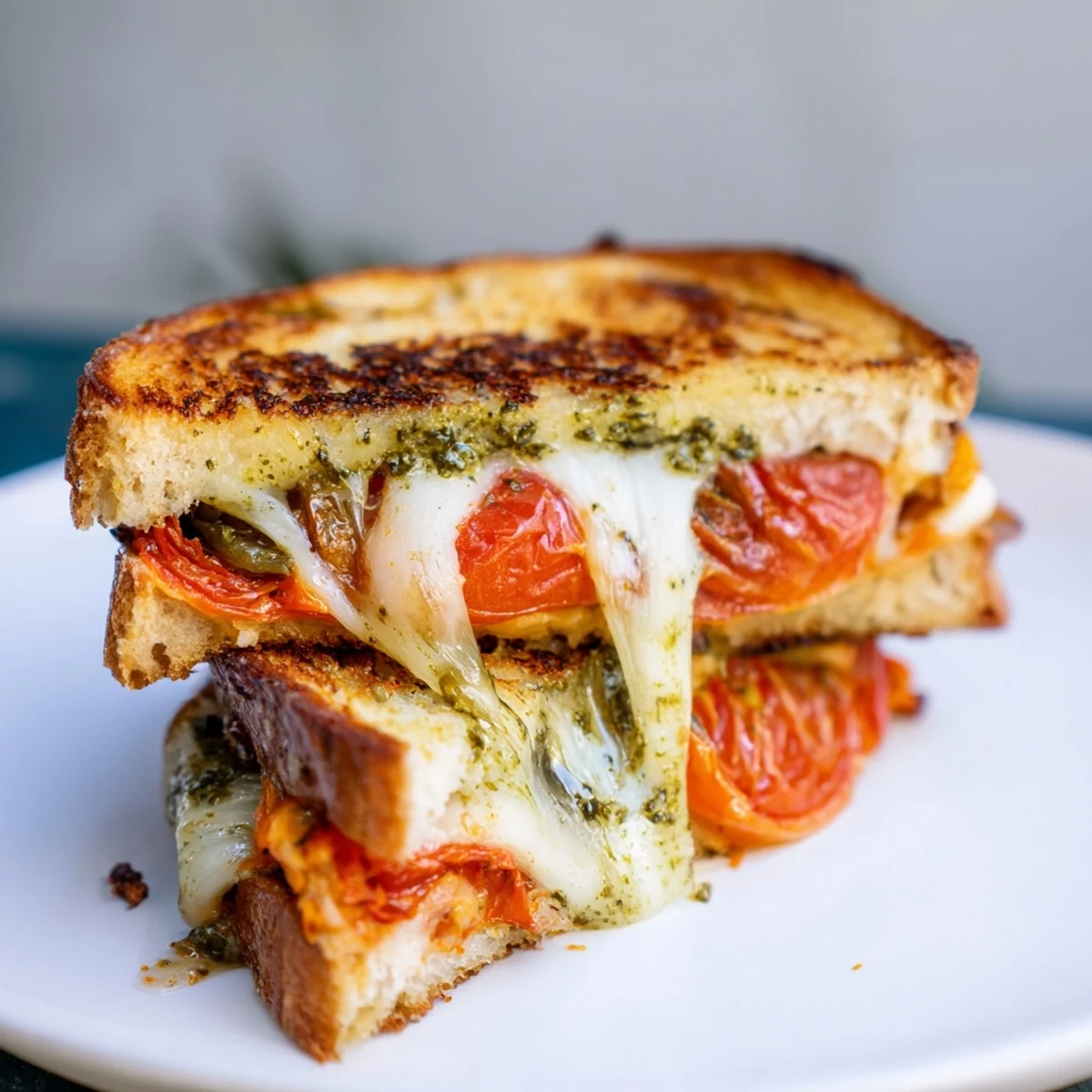 Golden-brown Roasted Tomato Pesto Grilled Cheese slices revealing melted mozzarella and cheddar layers beside roasted tomato halves.