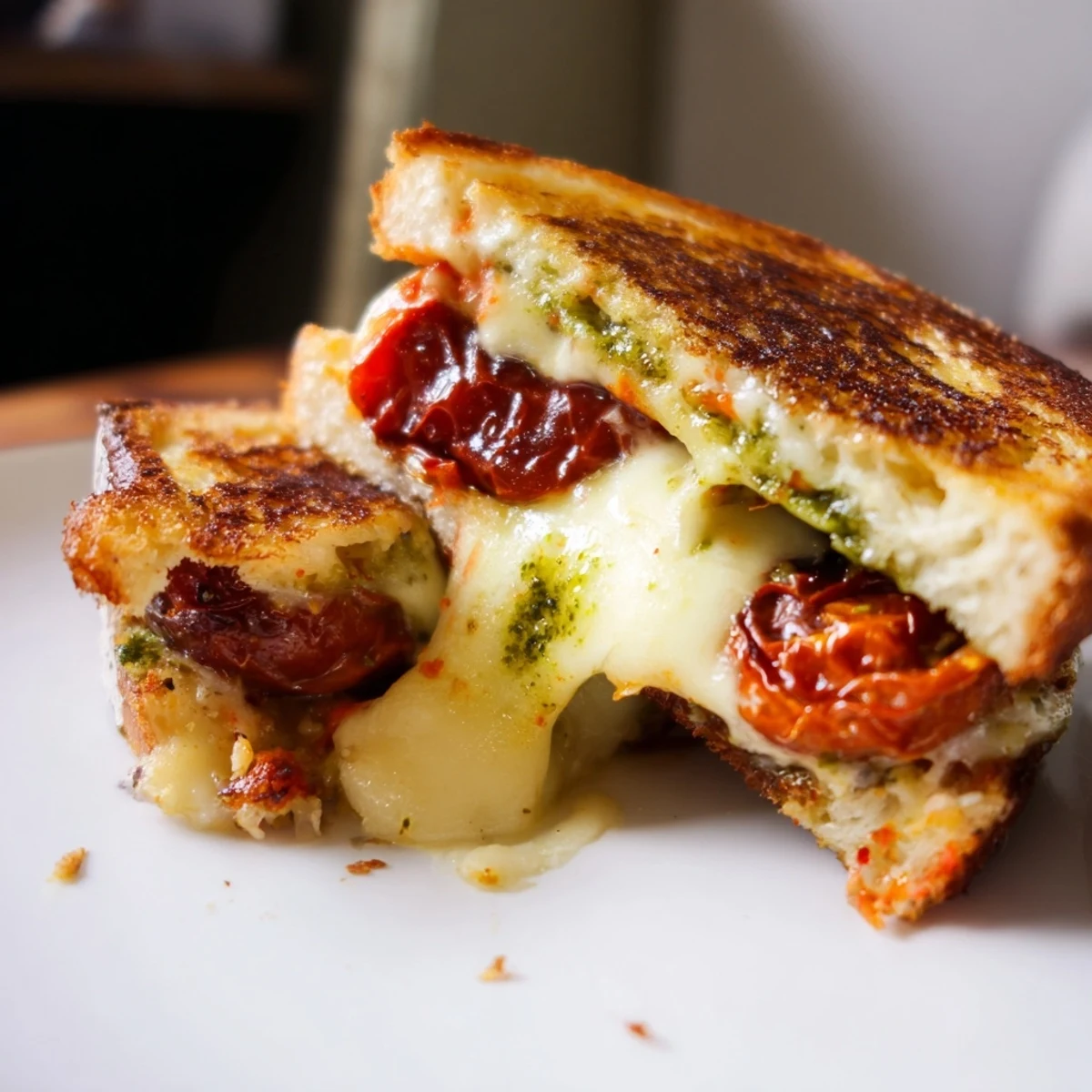 Perfectly melted cheese oozes from the Roasted Tomato Pesto Grilled Cheese, served with a side of baby arugula.