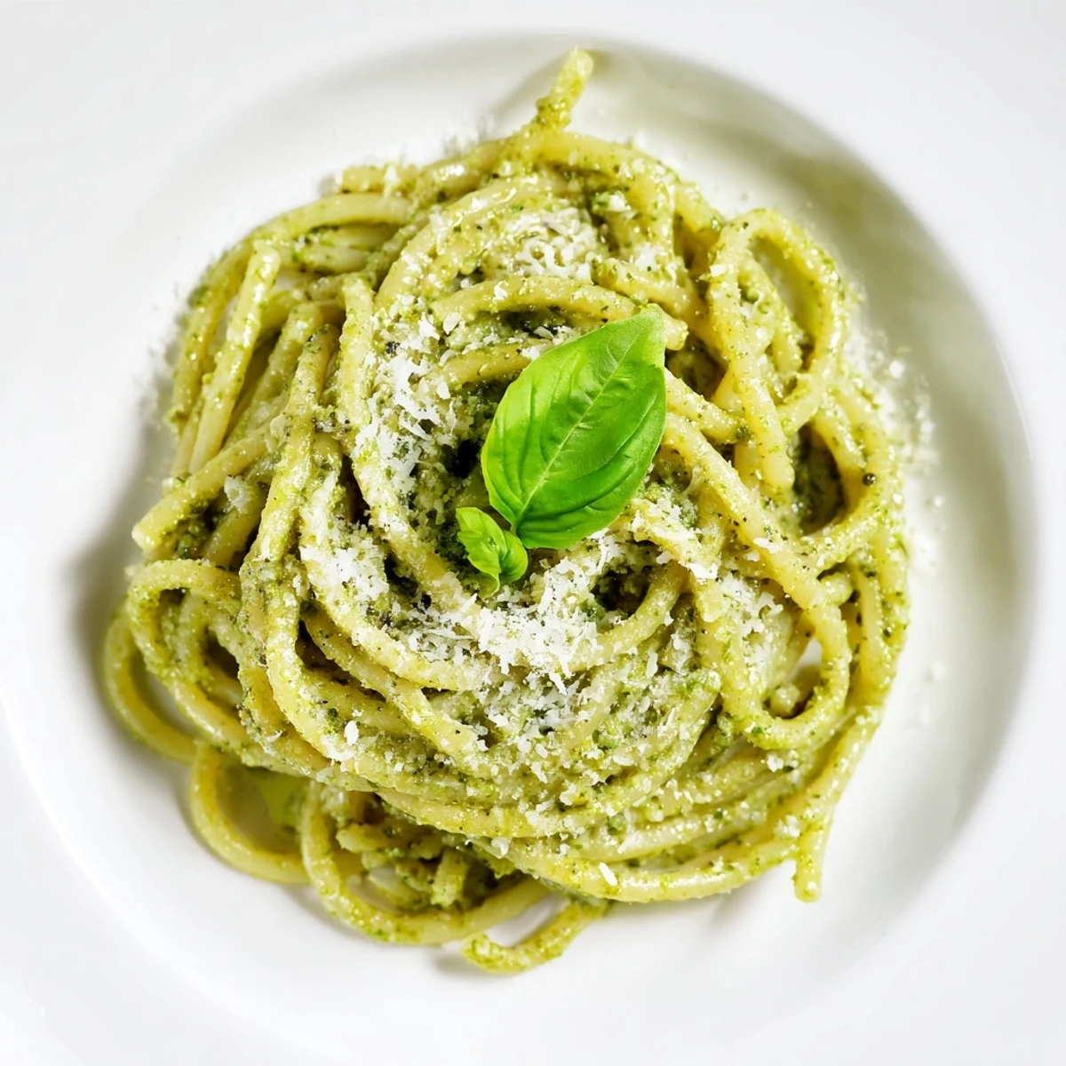 Creamy Sunflower Seed Pesto Pasta coated in a vibrant green sauce, garnished with fresh basil and grated Parmesan on a rustic plate.  