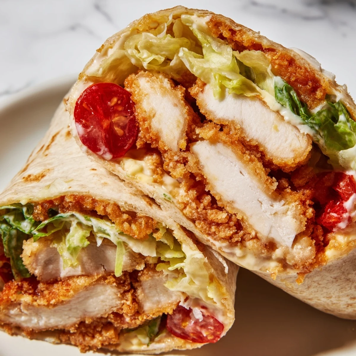 A close-up of a golden brown hot honey chicken caesar wrap, cut in half to reveal the juicy chicken and crunchy croutons.