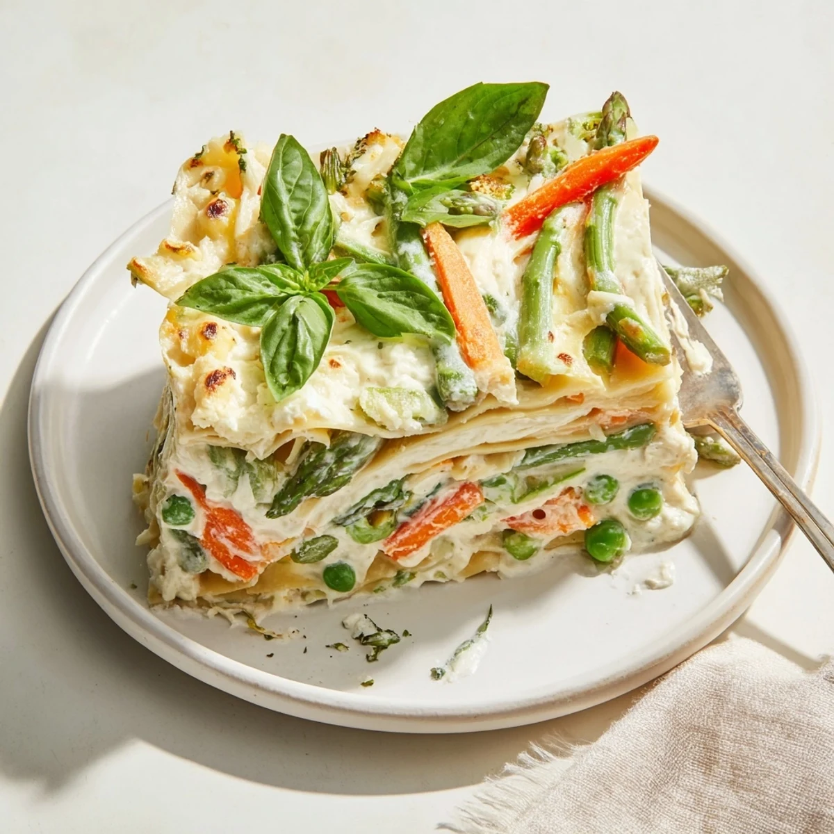 Freshly baked Spring Veggie Alfredo Lasagna served hot from the oven, garnished with bright basil leaves and melted cheese on top.