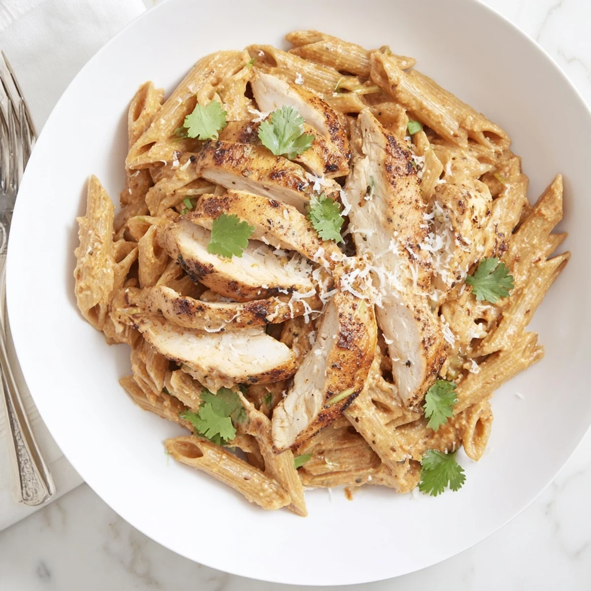 Creamy honey chipotle chicken pasta with seared chicken, penne, and fresh cilantro garnish.