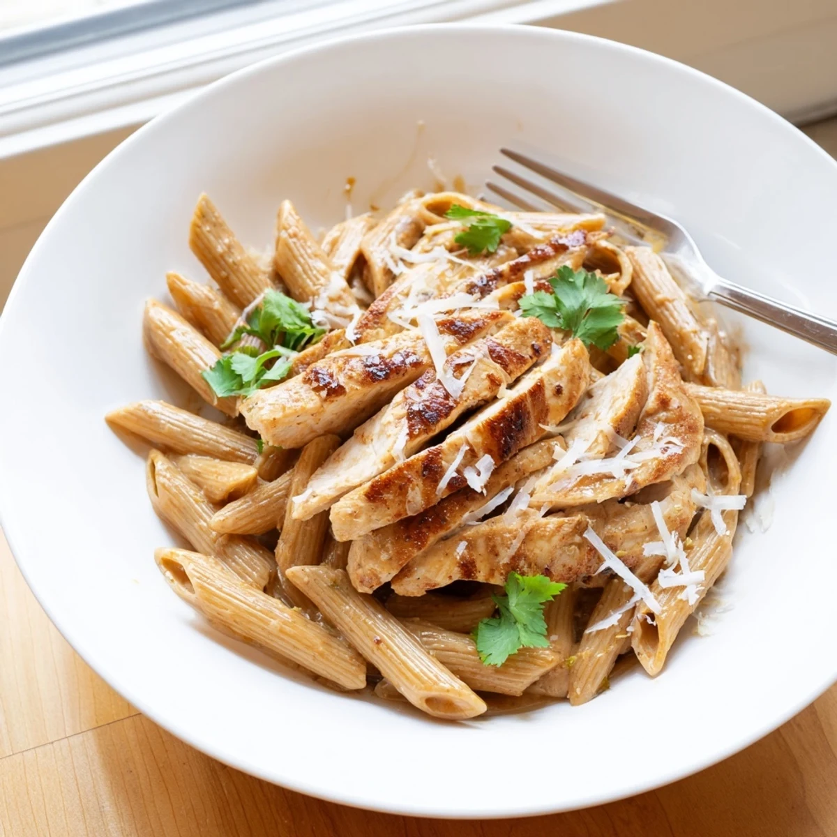 Spicy-sweet honey chipotle chicken pasta with tender chicken and penne in a rich sauce.