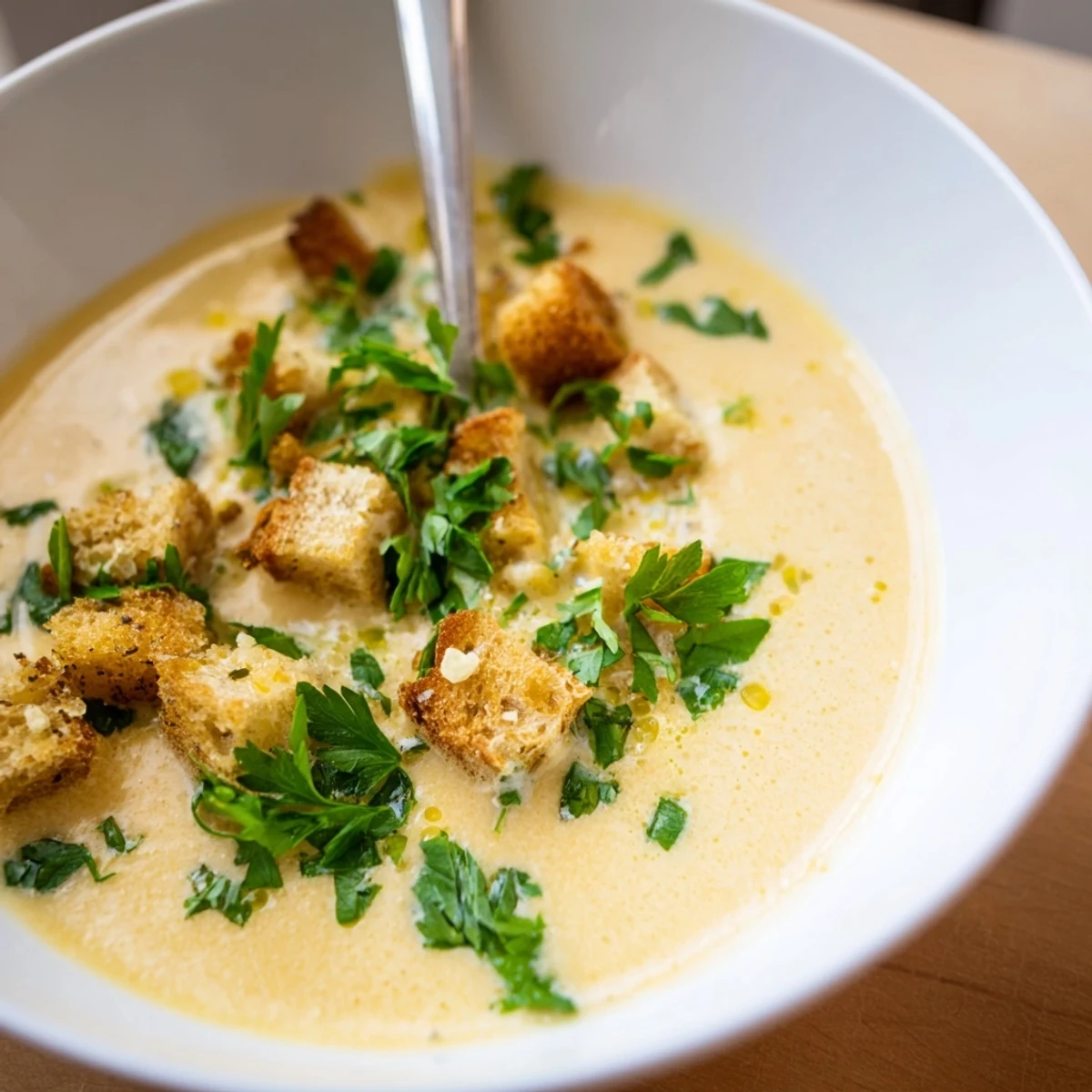 Velvety Roasted Garlic Soup with a smooth texture, topped with herbs and ready to pair with crusty bread.