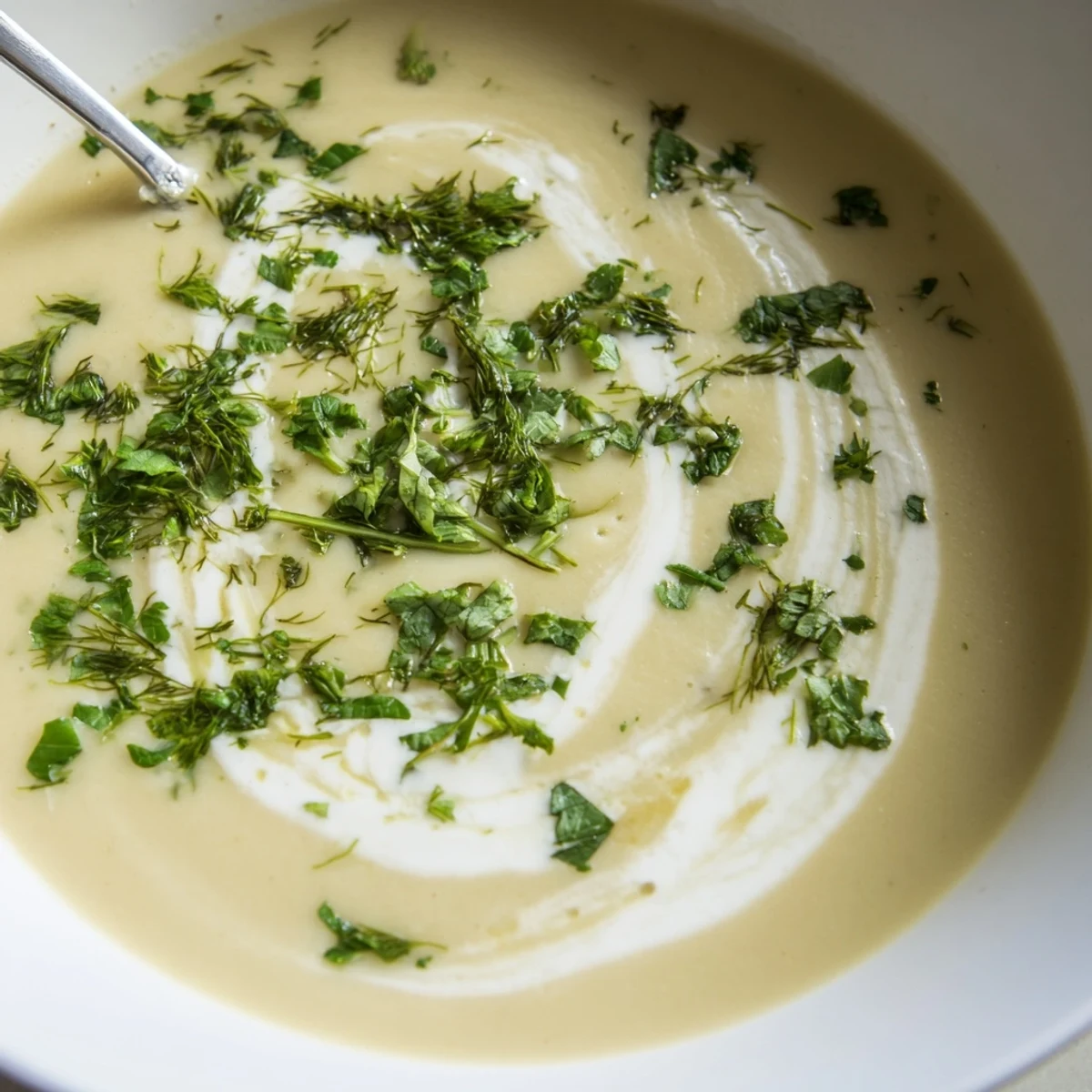 Creamy roasted parsnip and herb soup topped with fresh green herbs in a cozy ceramic bowl.  
