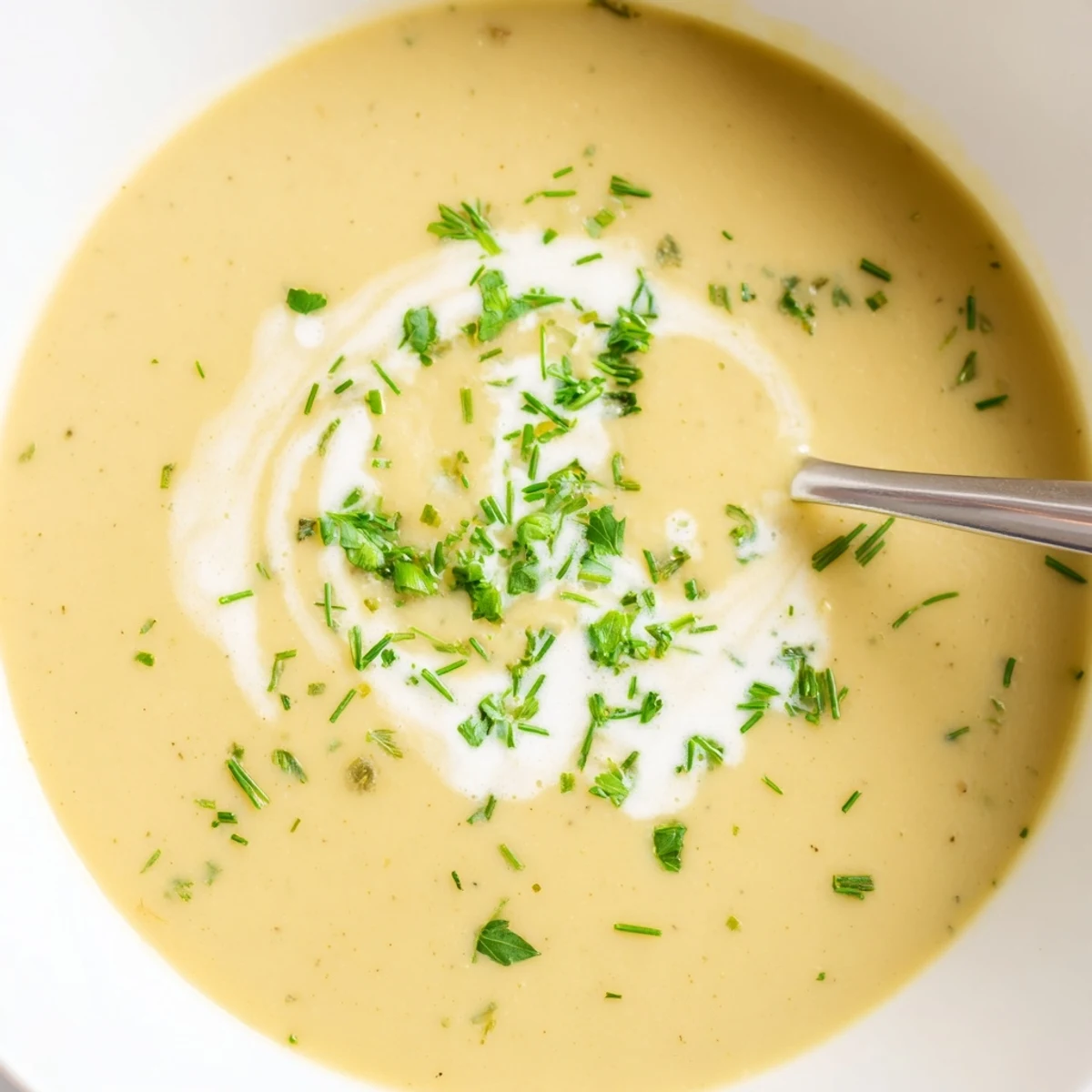 Silky smooth parsnip and herb soup garnished with chives, ready to warm a chilly evening.  