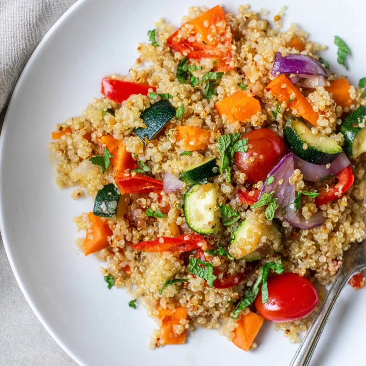 Fluffy quinoa vegetable pilaf topped with roasted red bell peppers, zucchini, and carrots, garnished with fresh parsley and mint.
