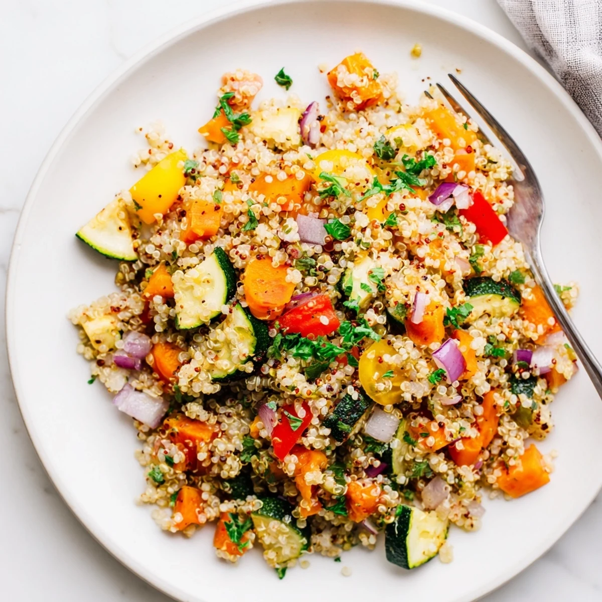 Aromatic quinoa vegetable pilaf with tender roasted cherry tomatoes and spices, perfect as a gluten-free side or vegetarian main.