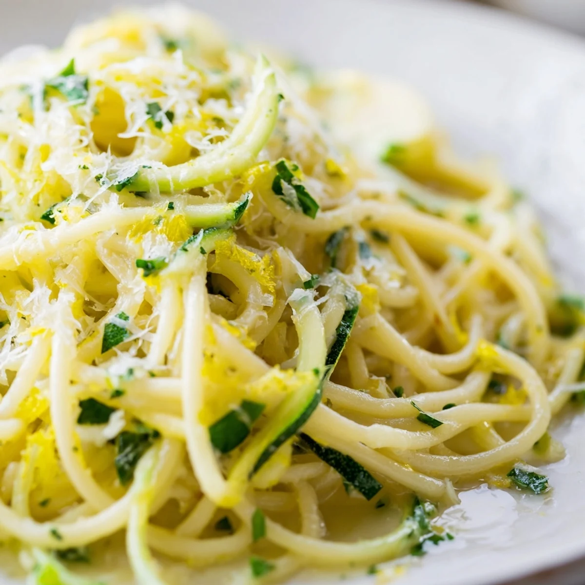 An overhead view of Lemon Zucchini Pasta served in a white bowl, highlighting the vibrant green zucchini spirals and a sprinkle of black pepper and red pepper flakes beside a glass of white wine.