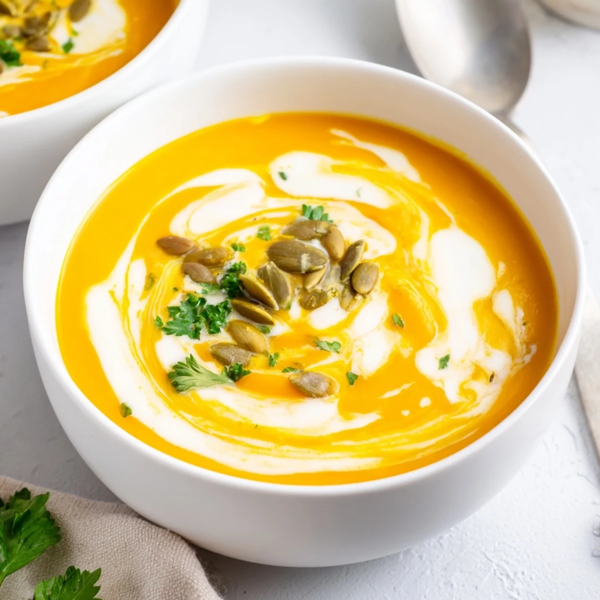 Creamy Butternut Squash and Apple Soup is garnished with pumpkin seeds and parsley in a rustic bowl.