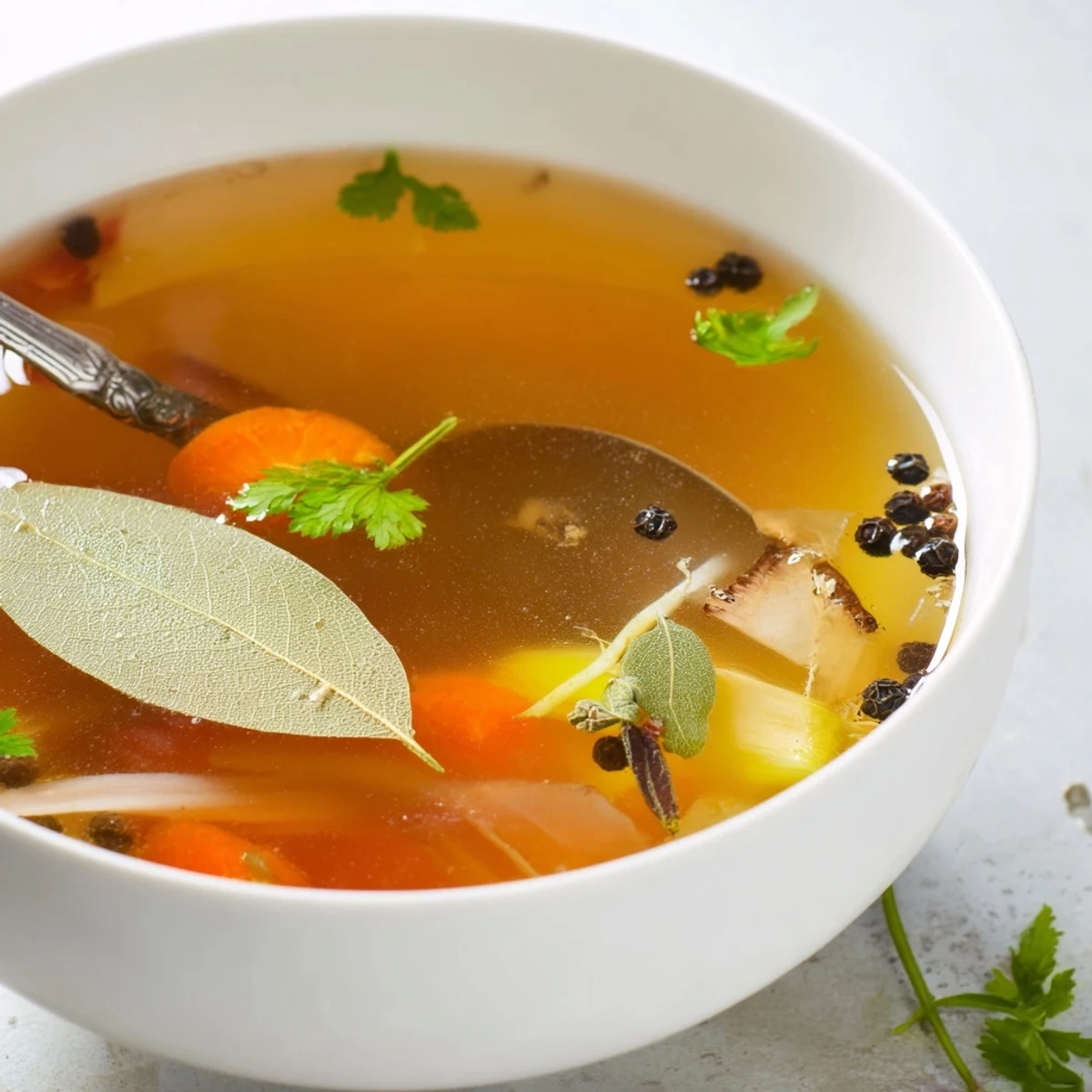 Simmering pot of homemade Vegetable Broth From Scraps with carrot peels and fresh herbs.