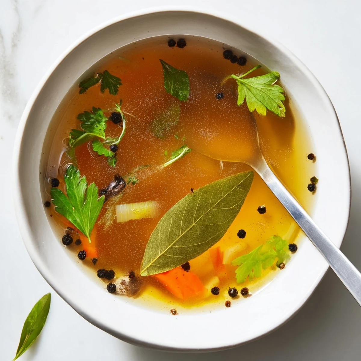 Glass jars filled with Vegetable Broth From Scraps next to aromatic herb stems.