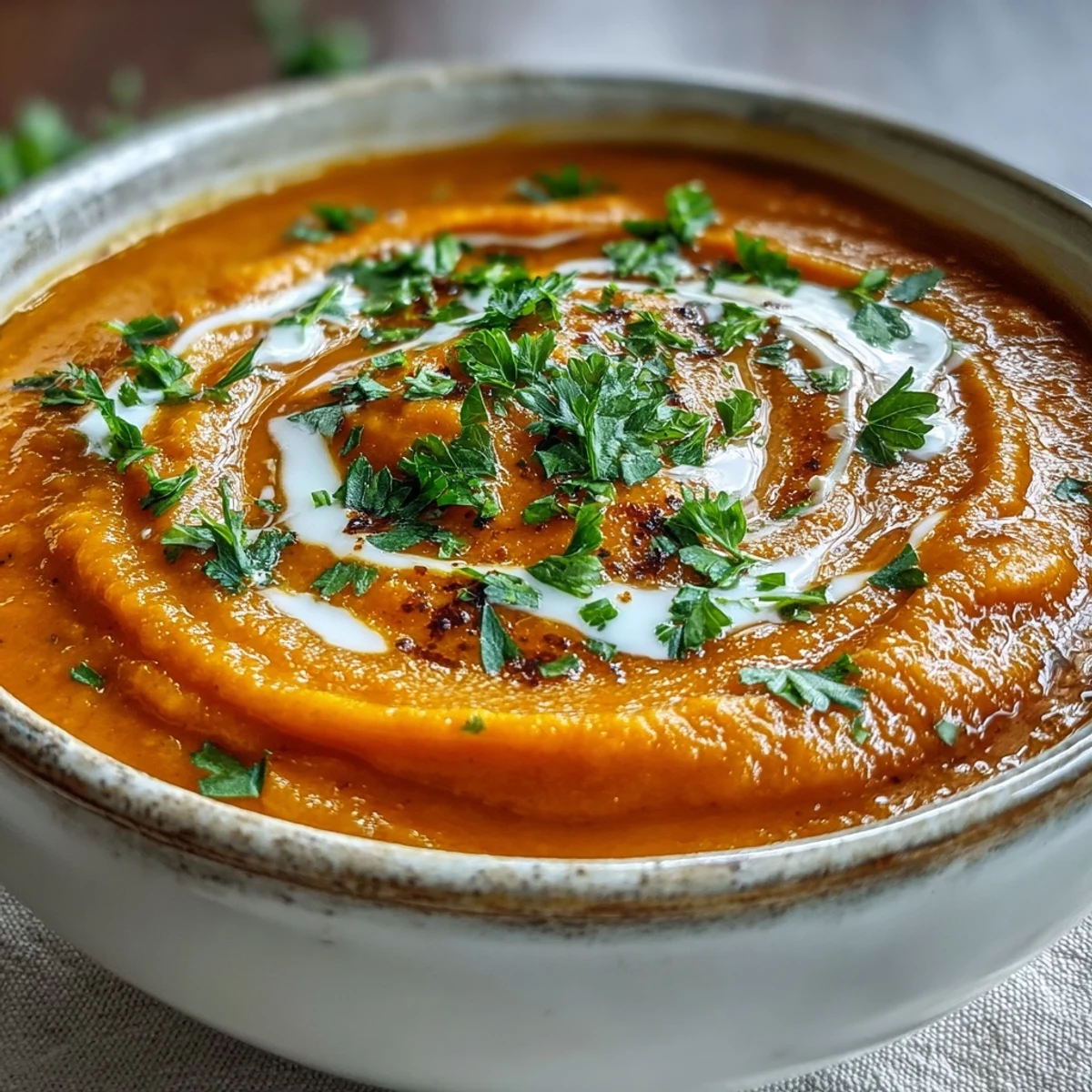 Silky Carrot Ginger Soup, vibrant with fresh ginger, ready to be garnished.