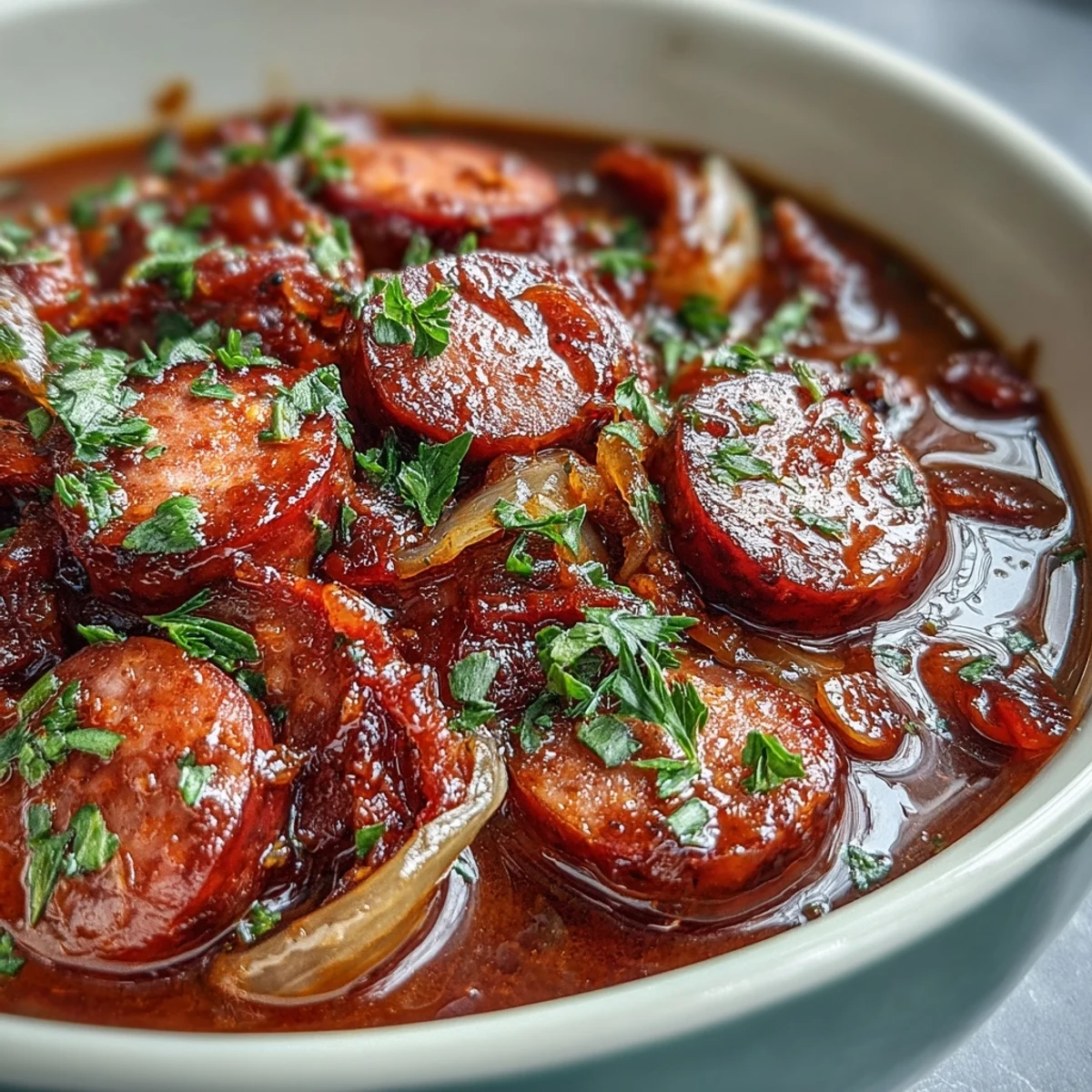 Serving a steamy bowl of Crock Pot BBQ Cocktail Sausage Soup with vibrant peppers.