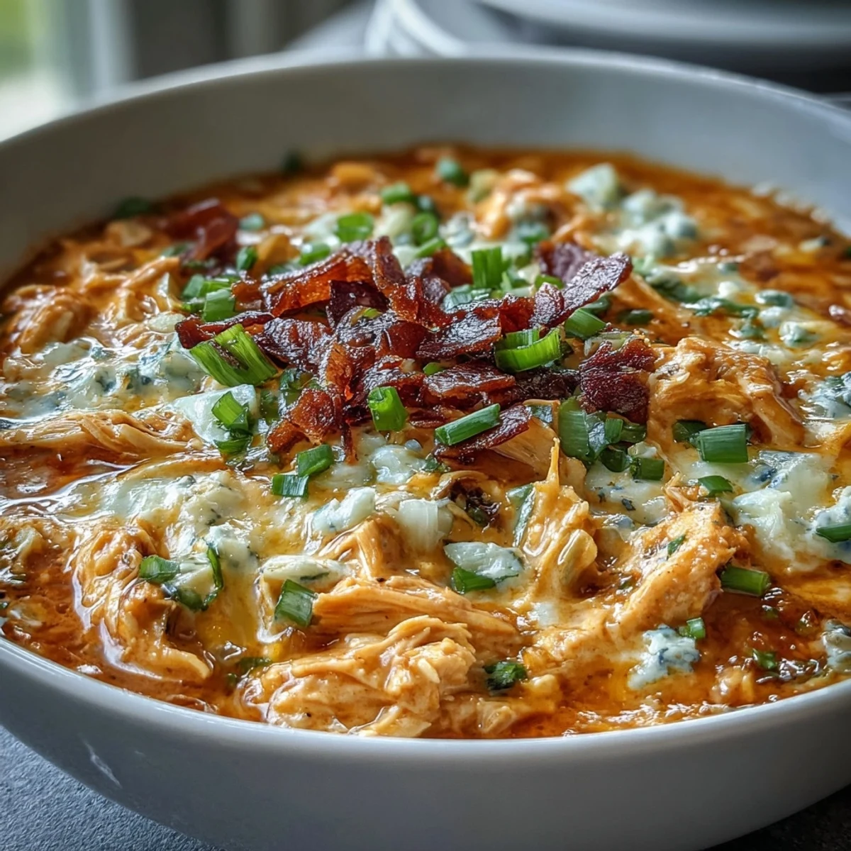 Creamy Crock Pot Buffalo Chicken Dip Soup with melty cheese and tender chicken.