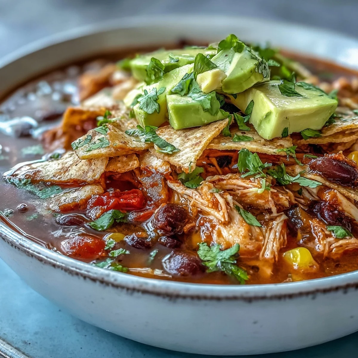 Hearty Instant Pot Chicken Tortilla Soup topped with vibrant cilantro and avocado.