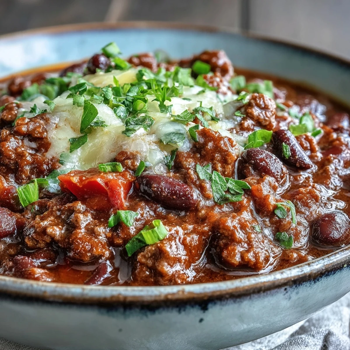 Cozy slow cooker chili, loaded with tender beef and flavorful seasonings, ready to serve.