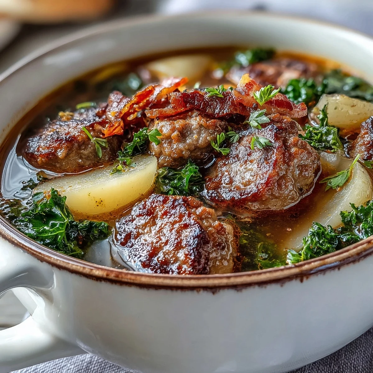 Golden-brown Italian sausage soup brimming with kale, garlic, and herbs.