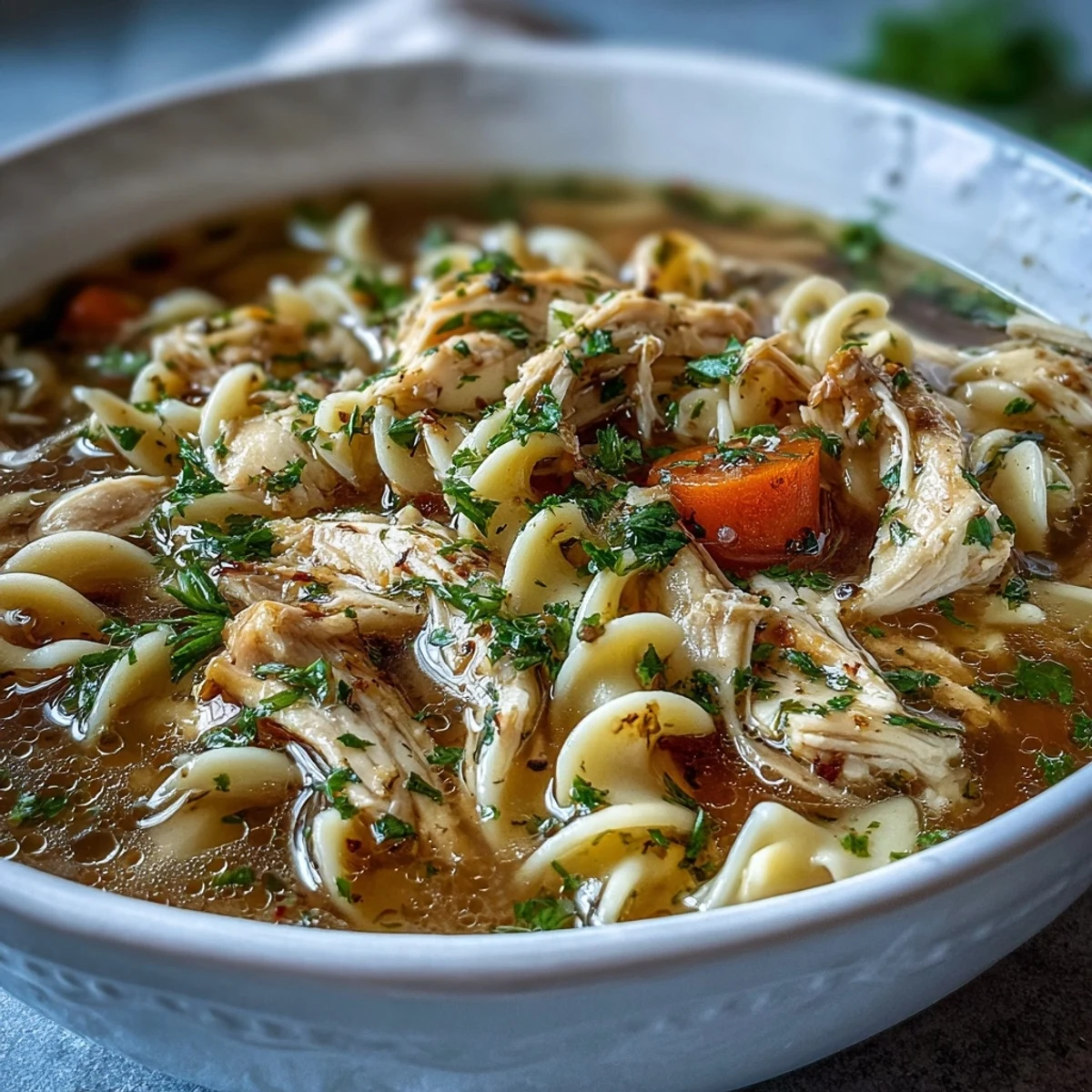 Delicious Instant Pot Chicken Noodle Soup, ready to be served warm.