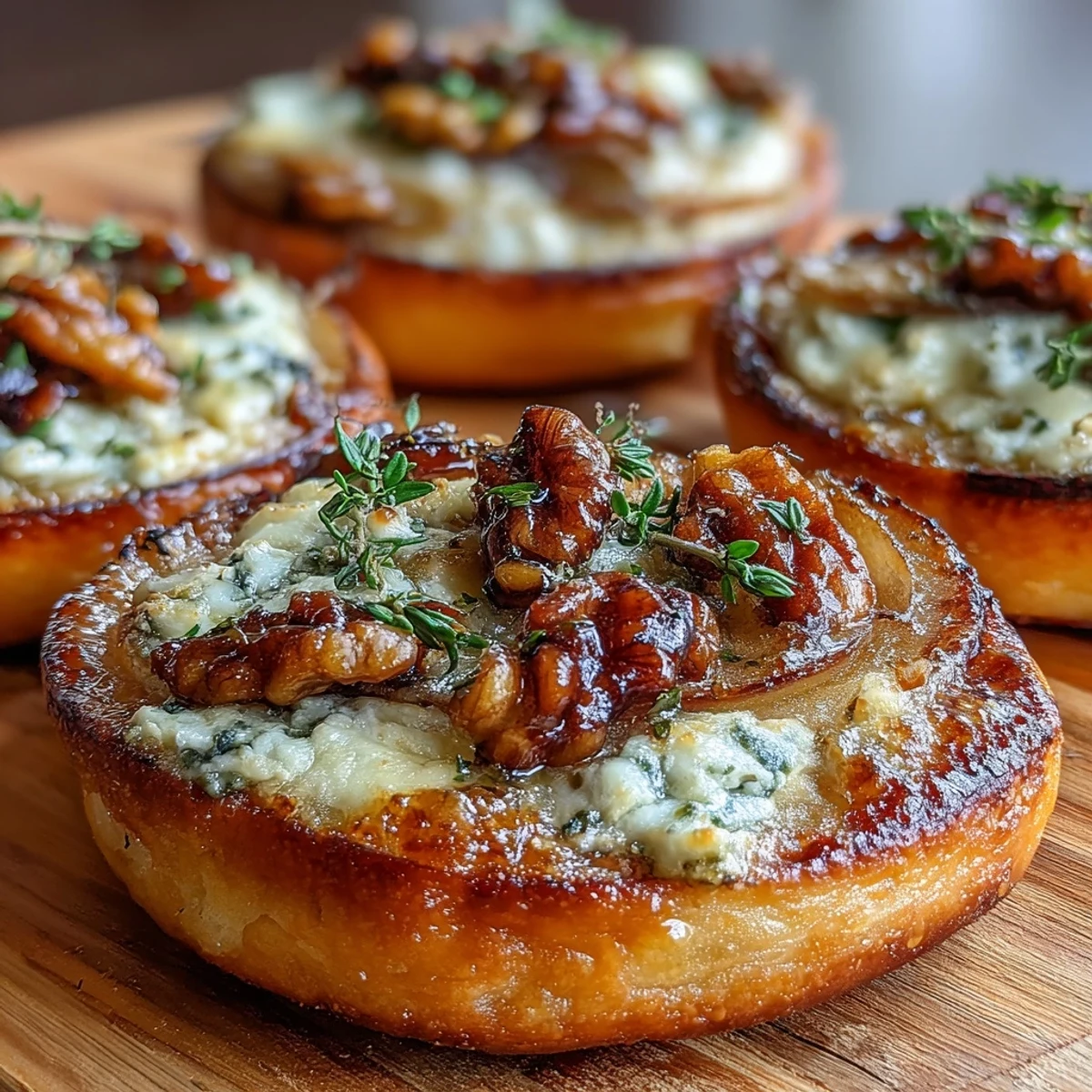 Close-up view of a round Pear, Gorgonzola, and Pickled Walnut Pizzette topped with sliced pears and pickled walnuts.