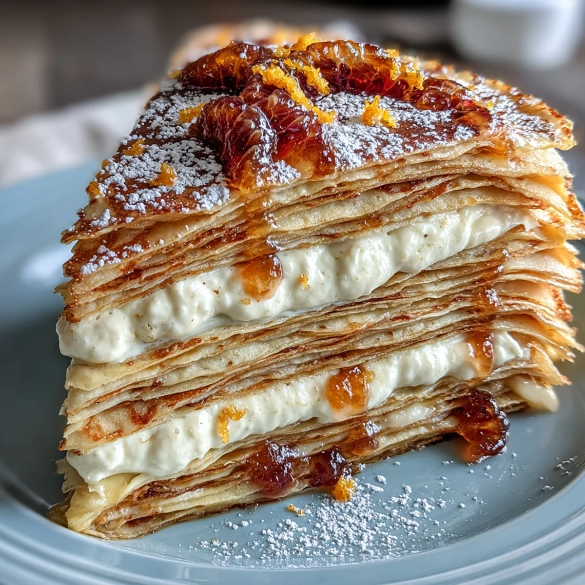 A close-up view of a sliced Blood Orange Curd Crêpe Cake showing delicate, thin layers of crêpes alternating with vibrant orange curd and fluffy whipped cream garnish.