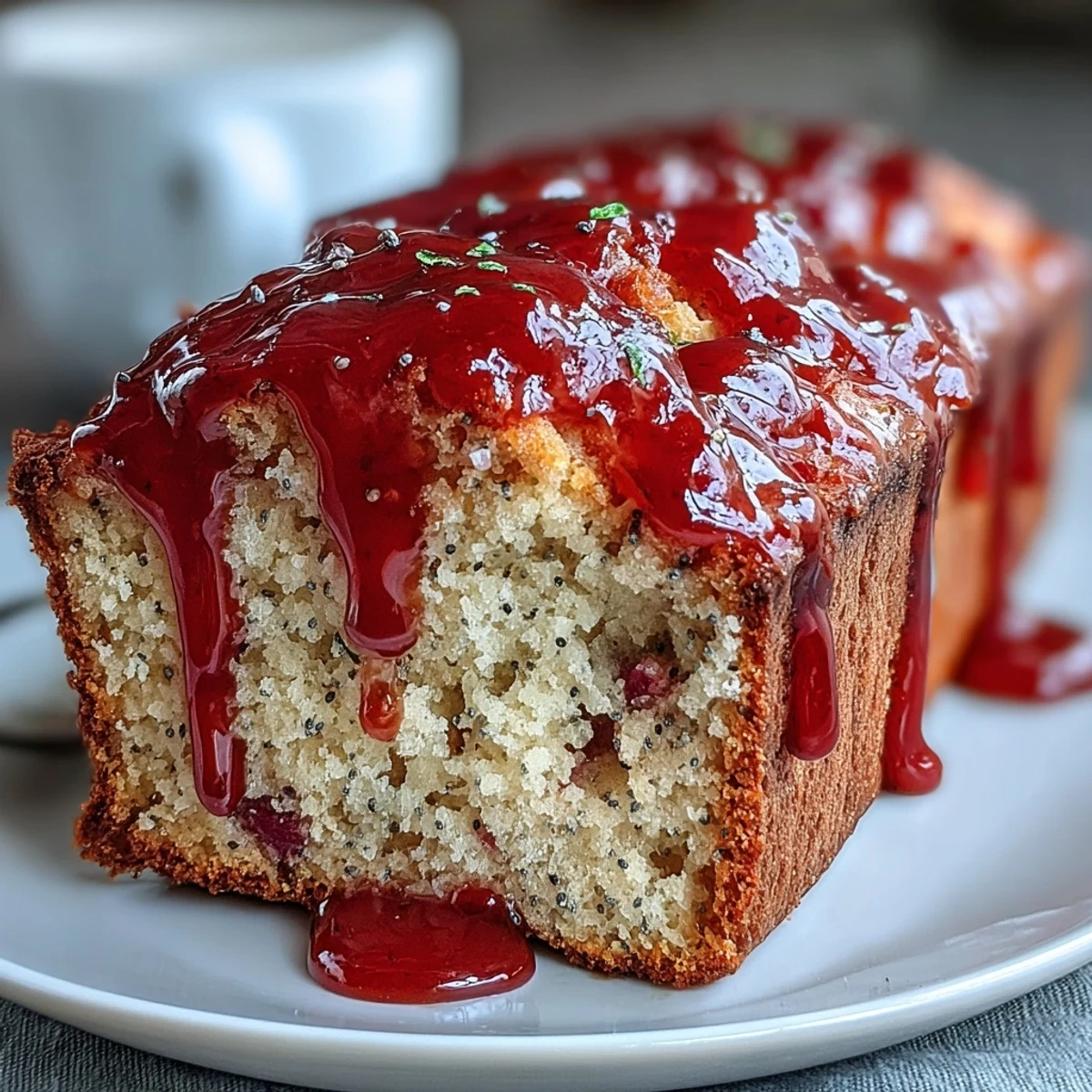 A moist Blood Orange Loaf Cake slice reveals ruby-red crumb studded with poppy seeds and marzipan, glazed and ready for afternoon tea.