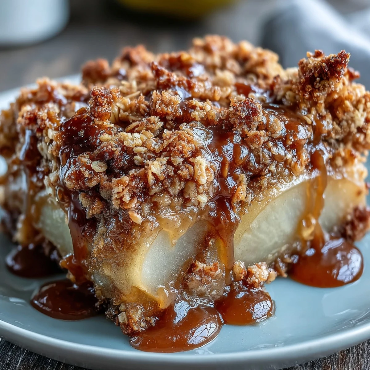 Close-up of warm pear crumble, revealing tender cinnamon-spiced pear filling beneath a buttery oat crumble topping.