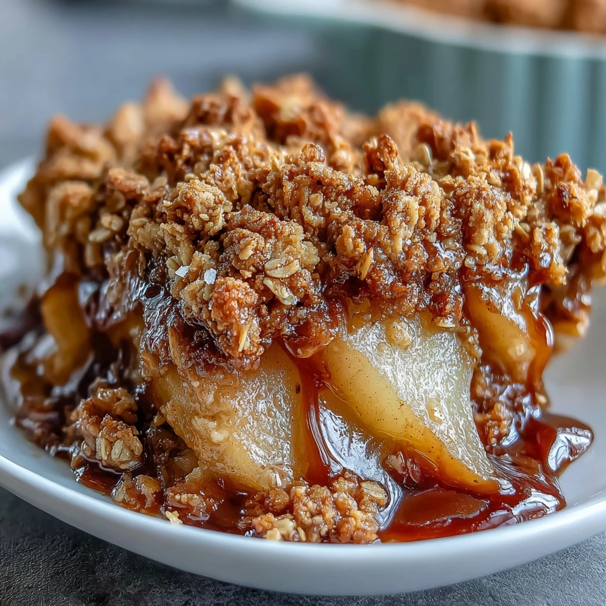 Golden-baked pear crumble bubbling in a dish, with a scoop of vanilla ice cream melting over the thick, crunchy topping.