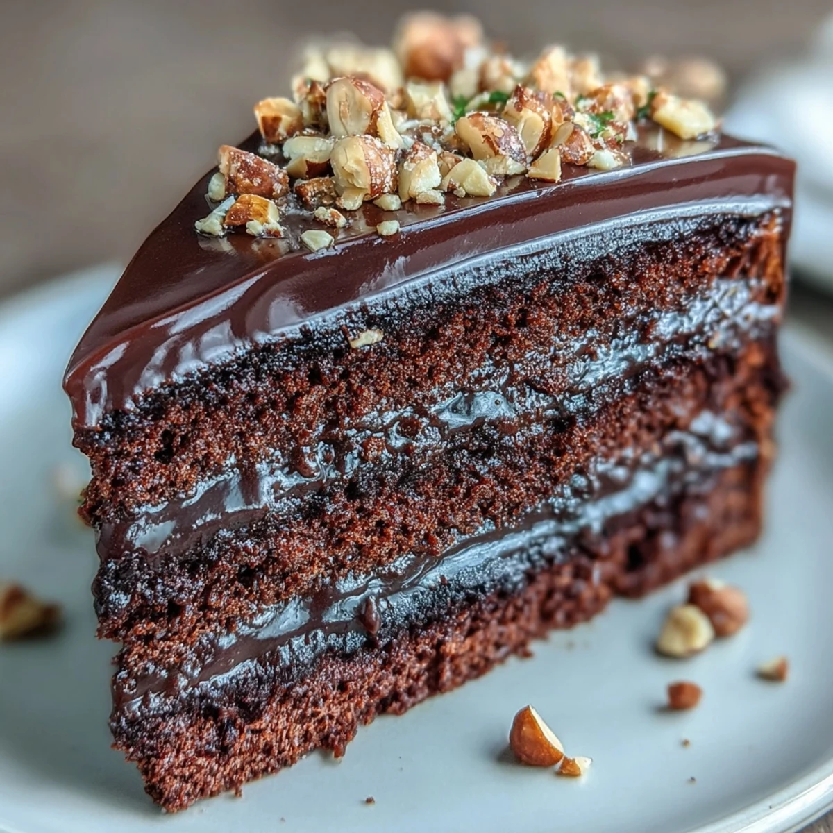 A close-up of a chocolate celebration cake, decorated with hazelnut praline shards, ready to serve with fresh espresso or berries.