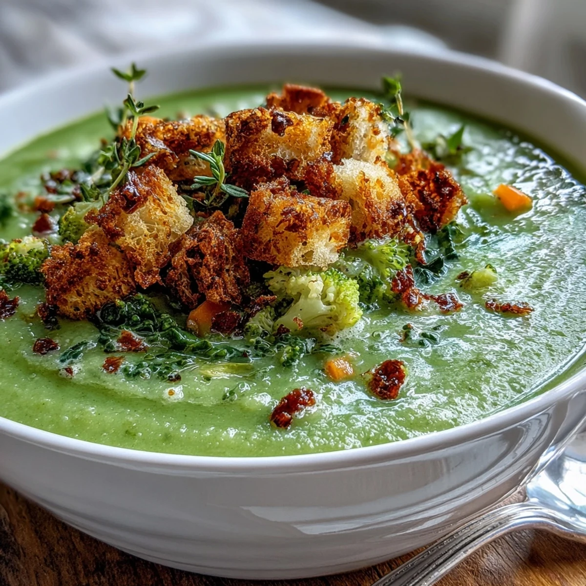 Spoon diving into a velvety puree of cauliflower and broccoli soup garnished with crunchy, oven-baked croutons.