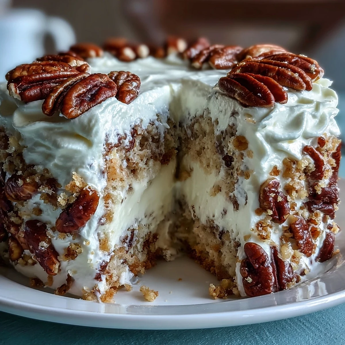 A slice of Butter Pecan Tres Leches Cake features fluffy whipped cream and a drizzle of rich buttery pecan topping.