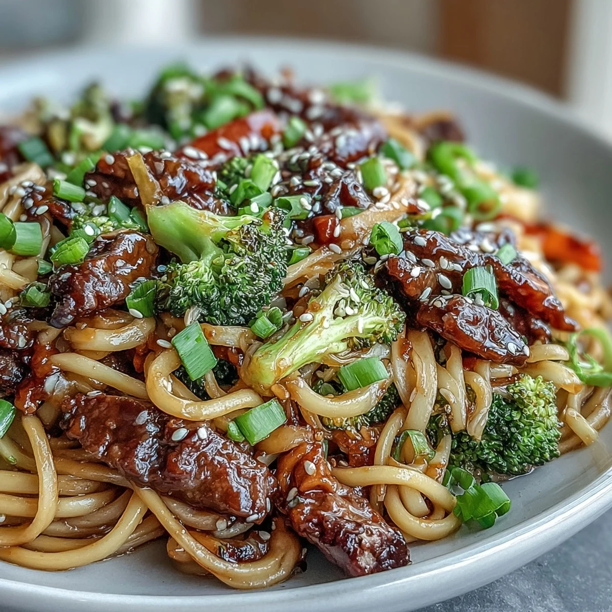 Family-style bowl of Korean Beef Noodles garnished with green onions and sesame seeds, ready to serve with chopsticks.