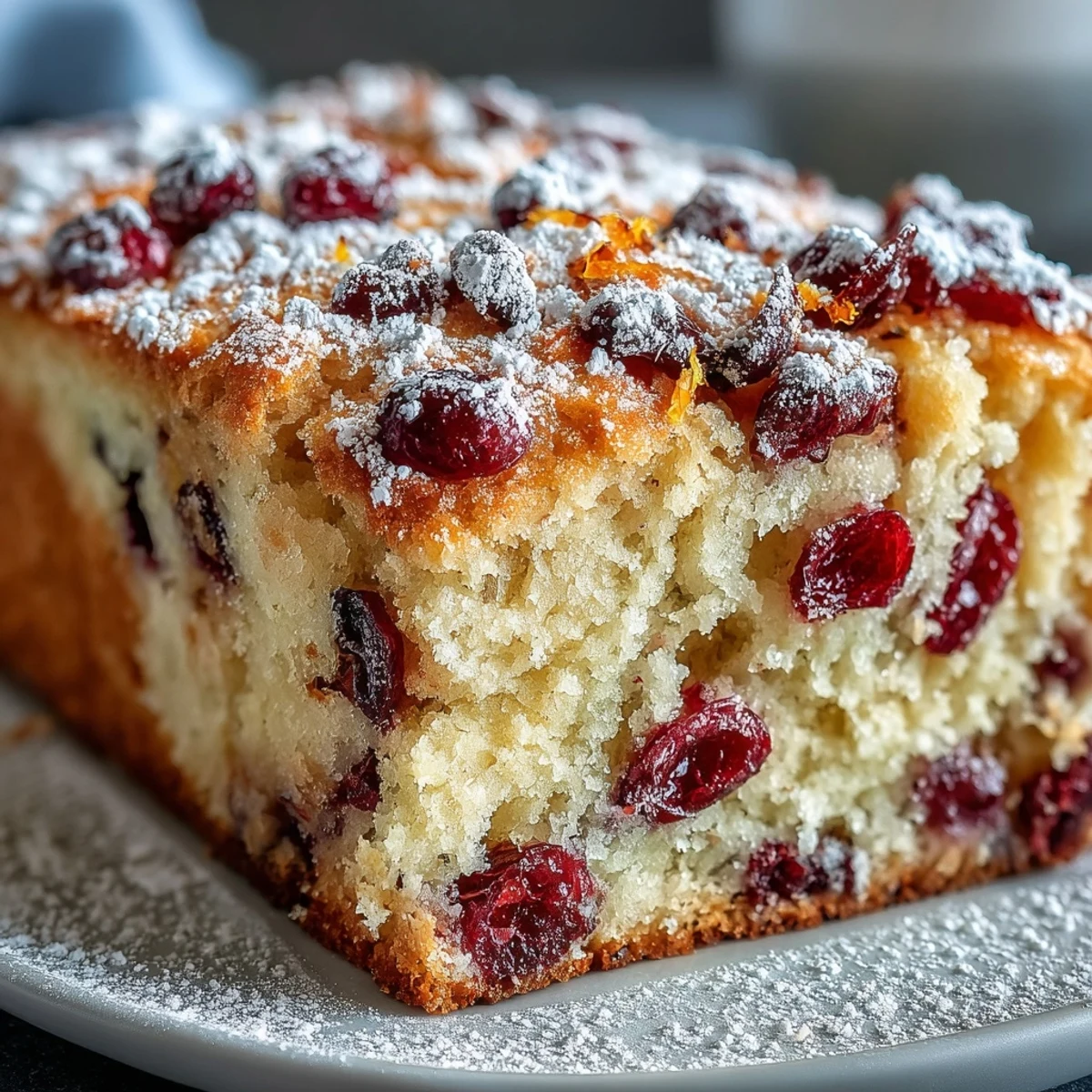 Freshly baked Cranberry Orange Breakfast Cake with a golden crust, featuring vibrant orange zest and tart cranberry pieces.