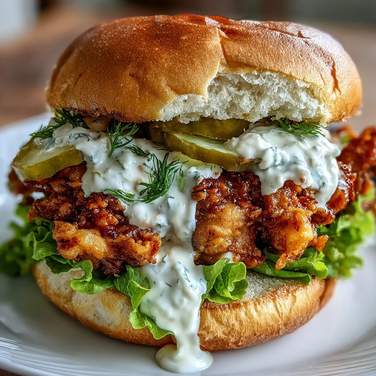 Steam rises from the juicy, spicy chicken patty nestled in a buttery brioche bun, with vibrant lettuce and pickles peeking out.