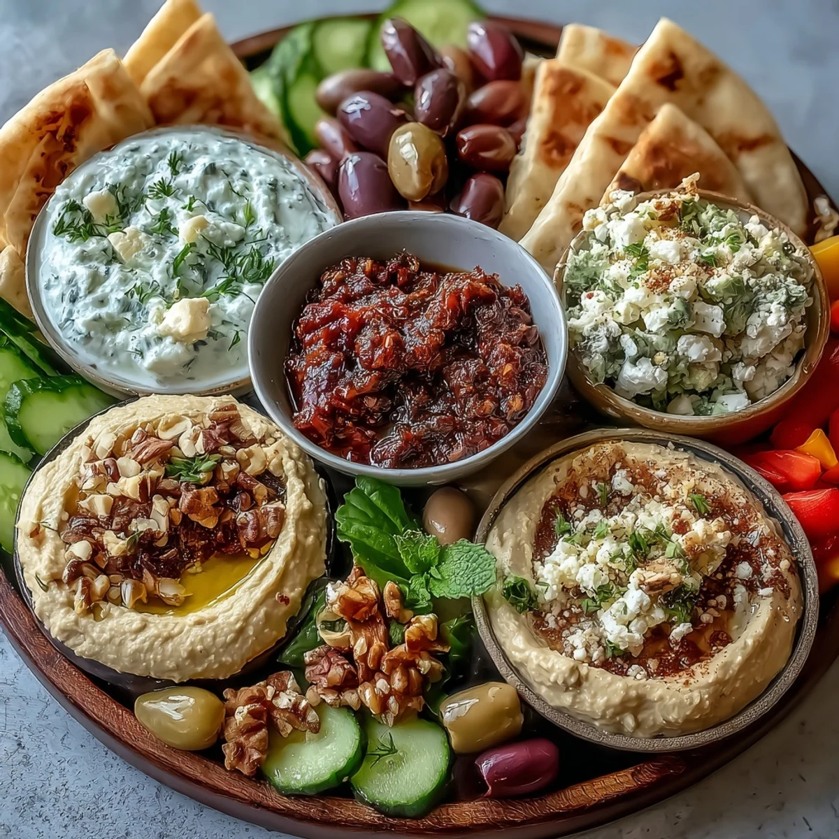Vibrant Mediterranean Brunch Board with Dips and Flatbreads arranged with baba ganoush, tzatziki, cucumbers, and tomatoes for a colorful appetizer spread.