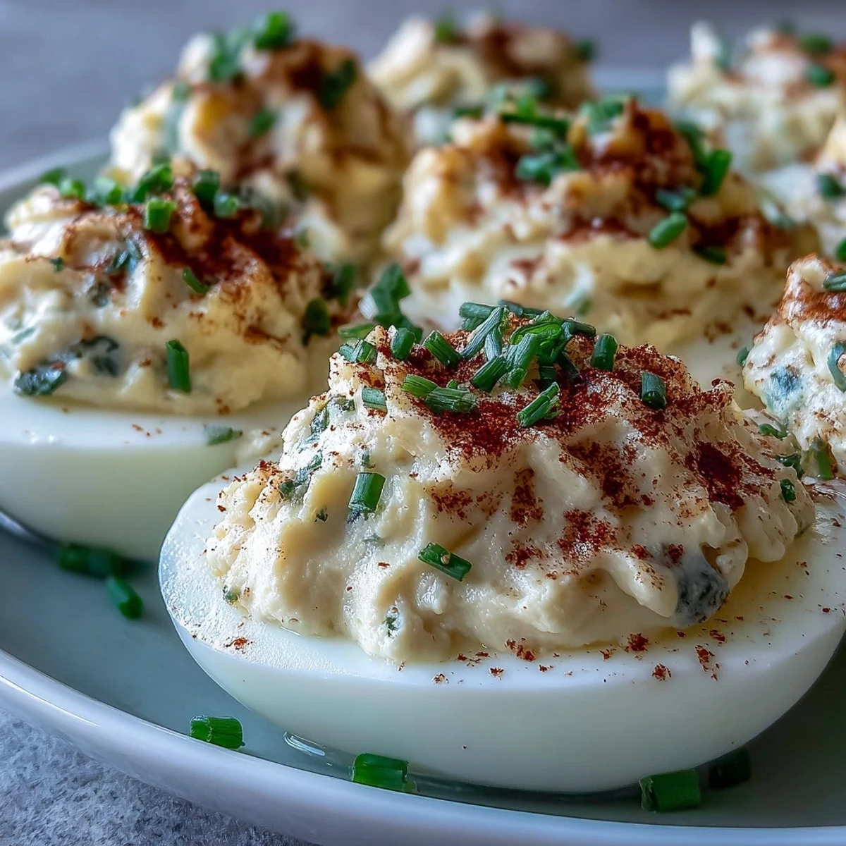 Creamy filling piped into tender egg white halves, topped with paprika and chives for Million Dollar Deviled Eggs.